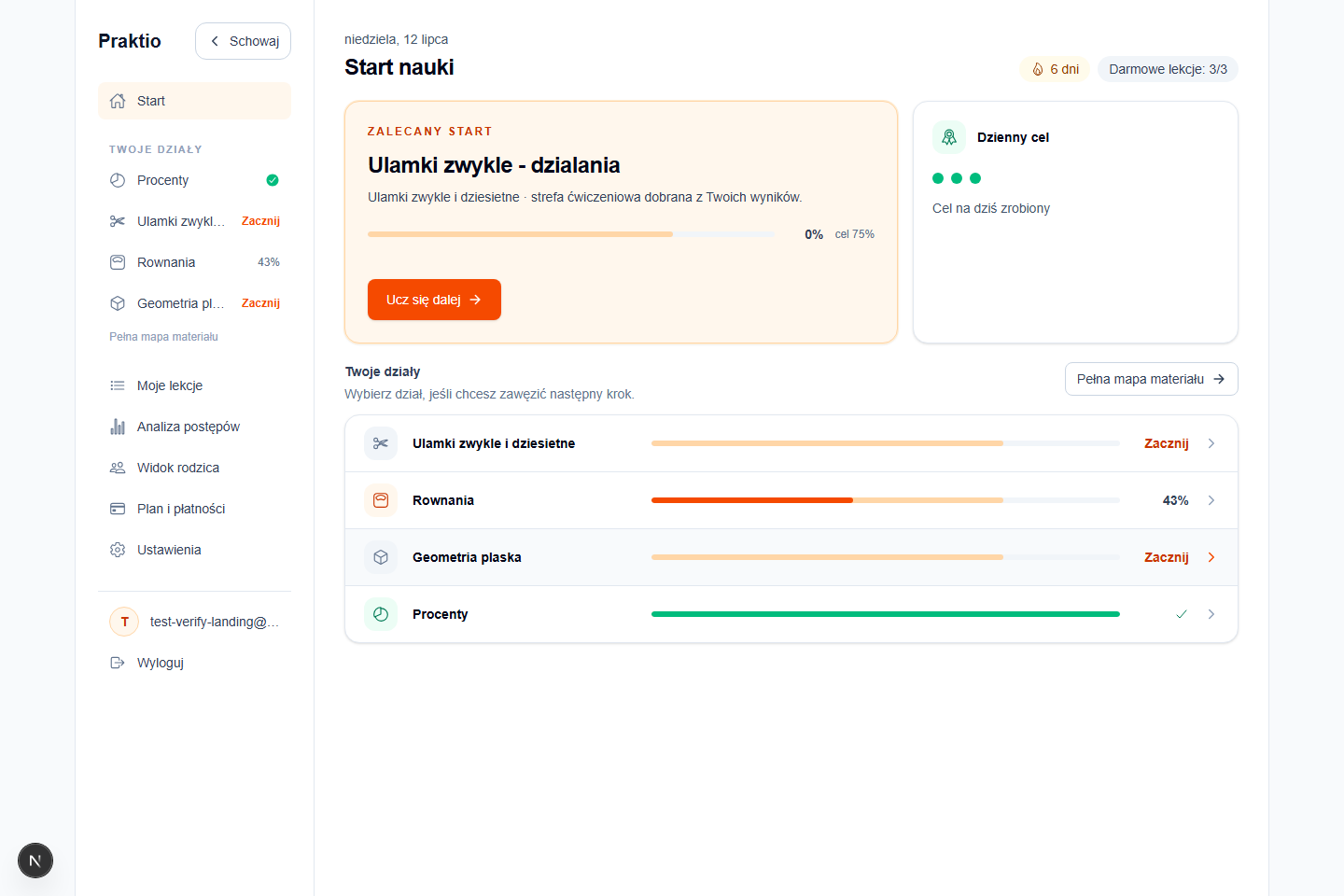 Dashboard ucznia w Praktio